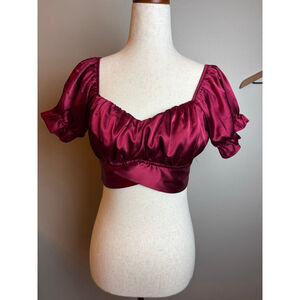 Women's LYANER Burgundy Satin Puff Sleeve Crop Top M